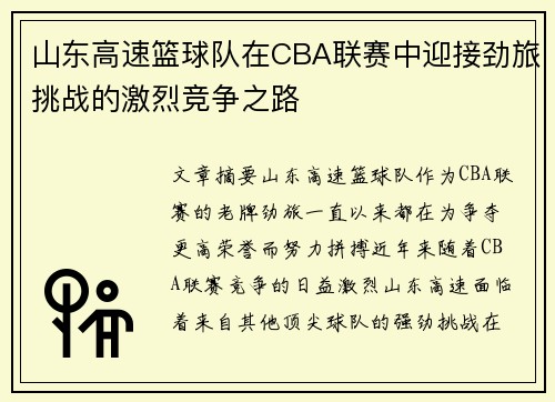 山东高速篮球队在CBA联赛中迎接劲旅挑战的激烈竞争之路